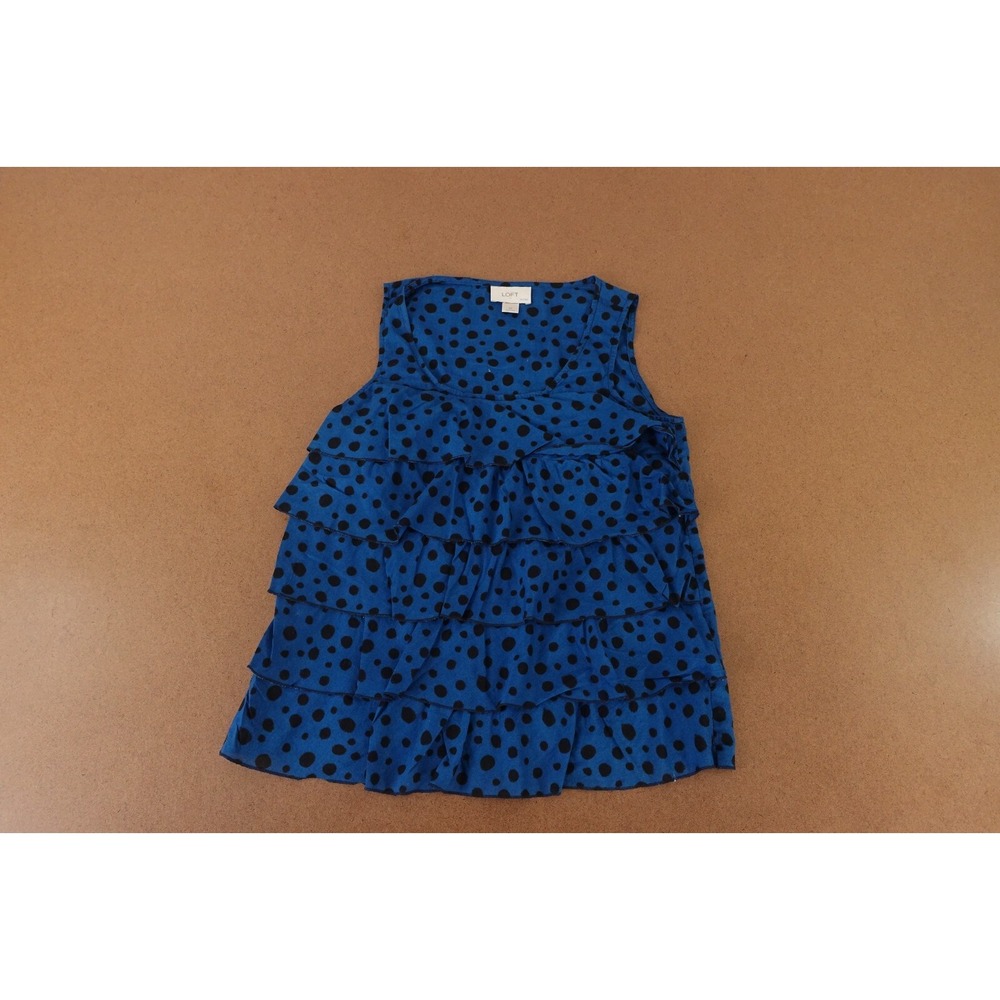 Ann Taylor LOFT Womens Size Small Petite Blue Polka Dot Layered Ruffle Tank Top